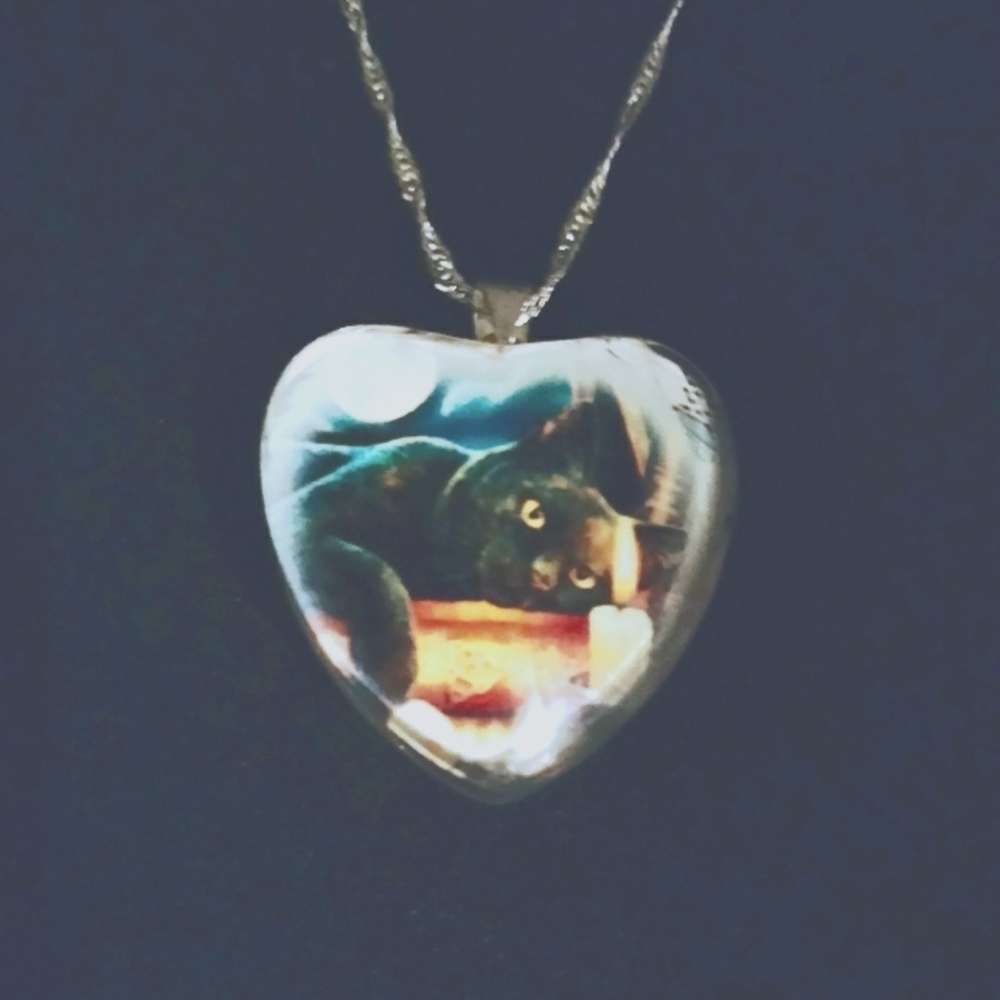 NWT Heart Shaped Glass Cat Pendant with Silver Chain.